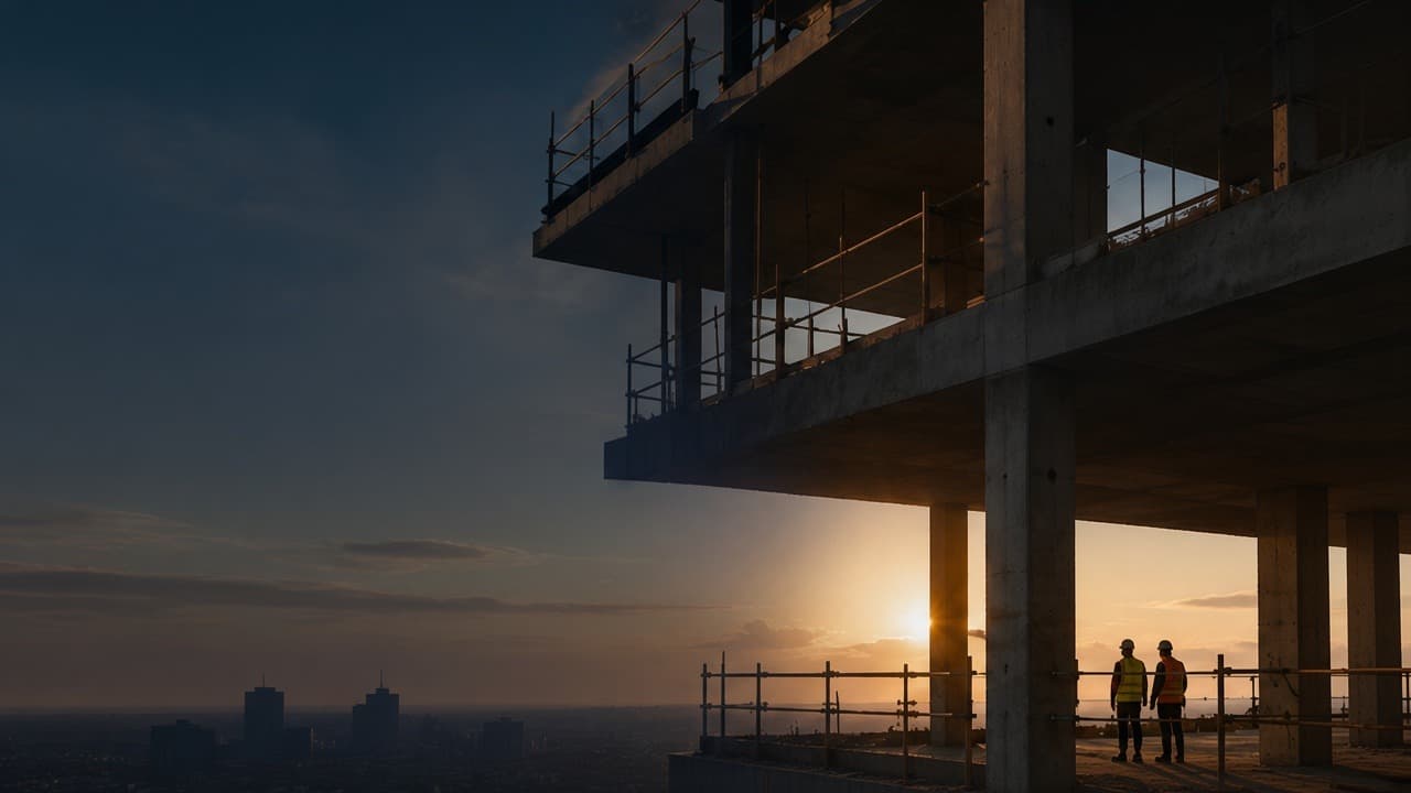 Concrete commercial structure under construction at sunset