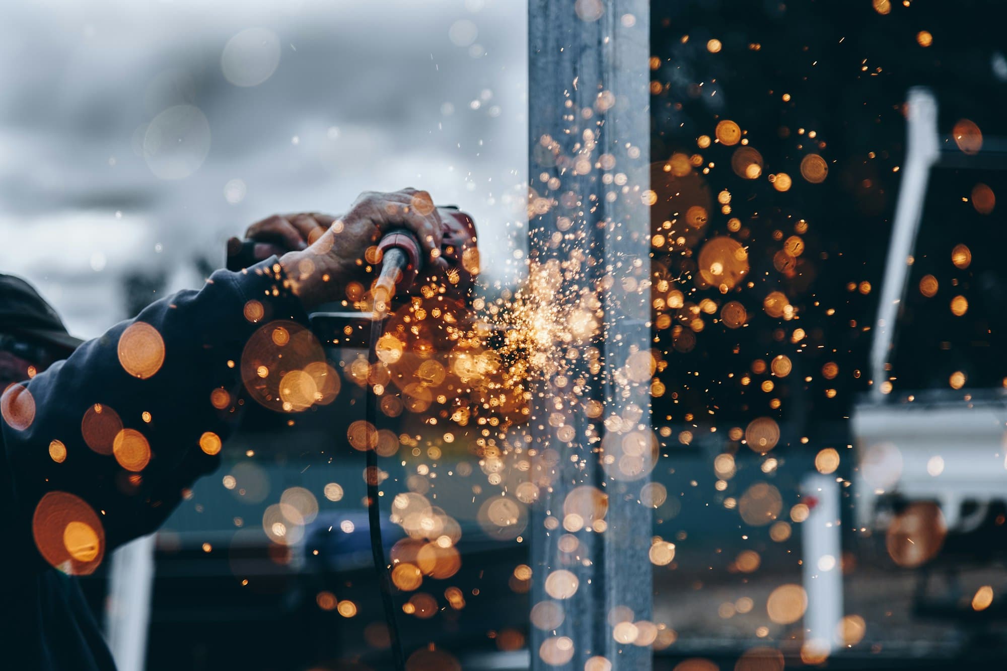 Steel fabrication work on a construction site